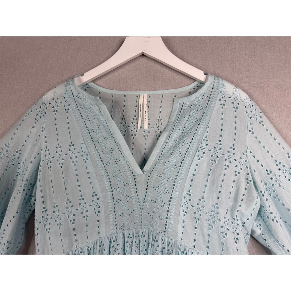 Anthropologie Eyelet Mini Dress Womens Size 6 Light Blue V-Neck Long Sleeve Boho - Picture 3 of 8